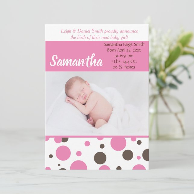 Faire-part Pois roses et Brown | Photo de naissance d'une pet (Debout devant)