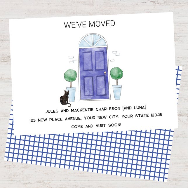 Faire-part Porte bleue et chat Nous avons déménagé Nouvelle m (Blue door cat watercolor custom text new home we I have moved change of address moving announcement)