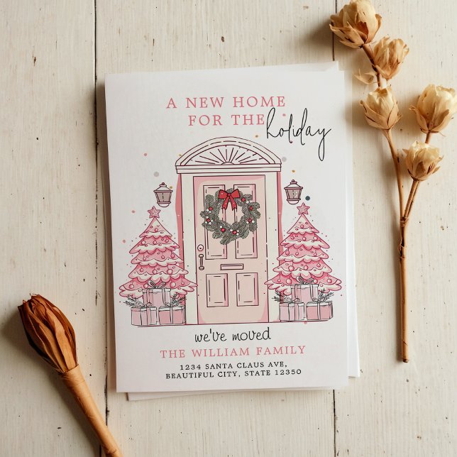 Faire-part Porte de Noël rose d'hiver Nouvelle maison Déménag (Créateur téléchargé)