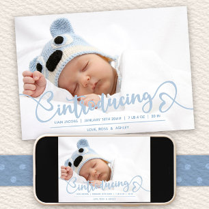 Faire-part Présentation de Blue Heart Script photo bébé naiss