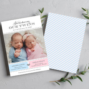 Faire-part Présentation de nos jumeaux garçon fille Photo Ble