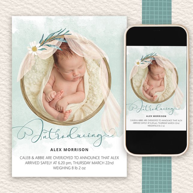 Faire-part Présentation du cadre photo Boho Green Wash Birth (Photo birth announcement introducing your new baby)