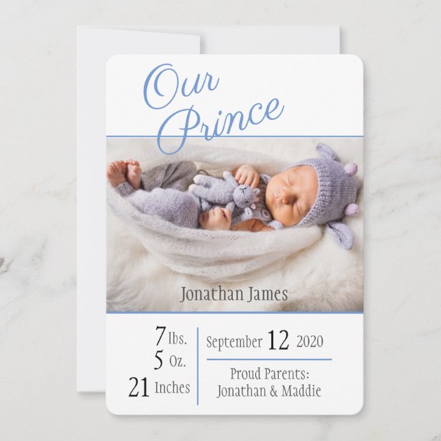 Faire-part Prince Blue Baby Boy Elegant Nom photo Naissance (Devant)