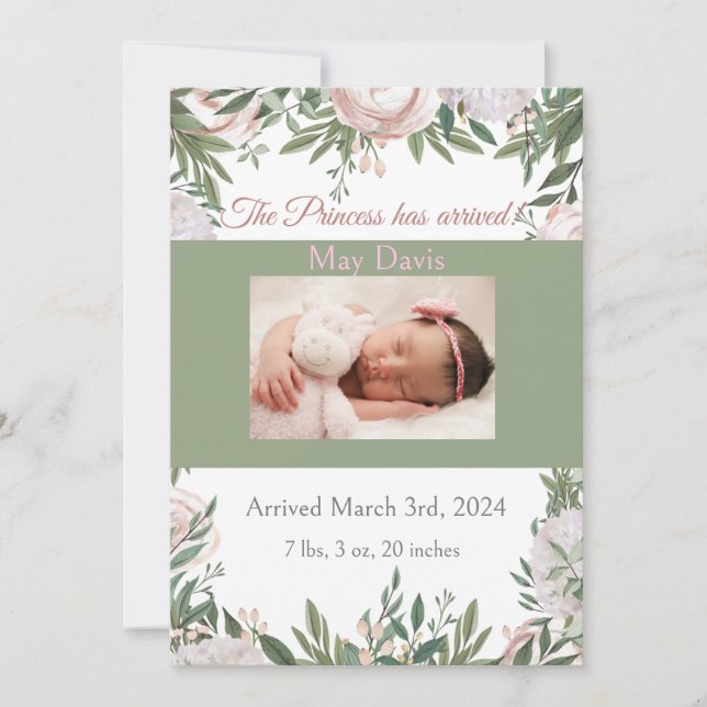 Faire-part Princesse est arrivée Jardin d'aquarelle rose (Devant)