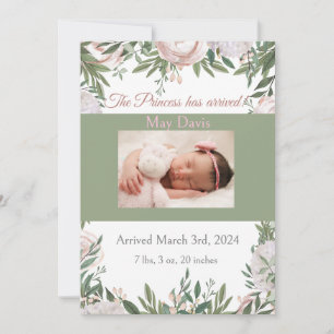 Faire-part Princesse est arrivée Jardin d'aquarelle rose
