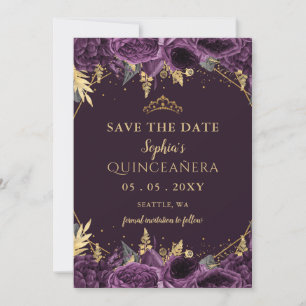 Faire-part Purple Gold Floral Quinceañera Enregistrer la date