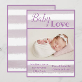 Faire-part Purple Stripe Photo Baby Love Script de naissance