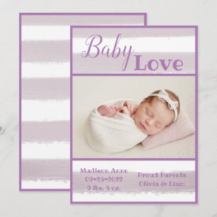Faire-part Purple Stripe Photo Baby Love Script de naissance