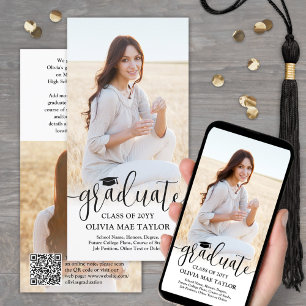 Faire-part QR Code & 2 Photos Moderne Black Script Graduation