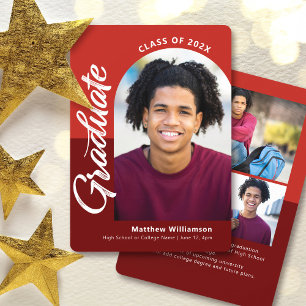 Faire-part Red Graduation 4 Photo Bold Arch Script Moderne