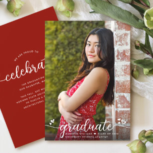 Faire-part Red Graduation Photo Calligraphie moderne Coeurs
