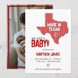 Faire-part Red Herringbone Fabriqué au Texas Photo Baby