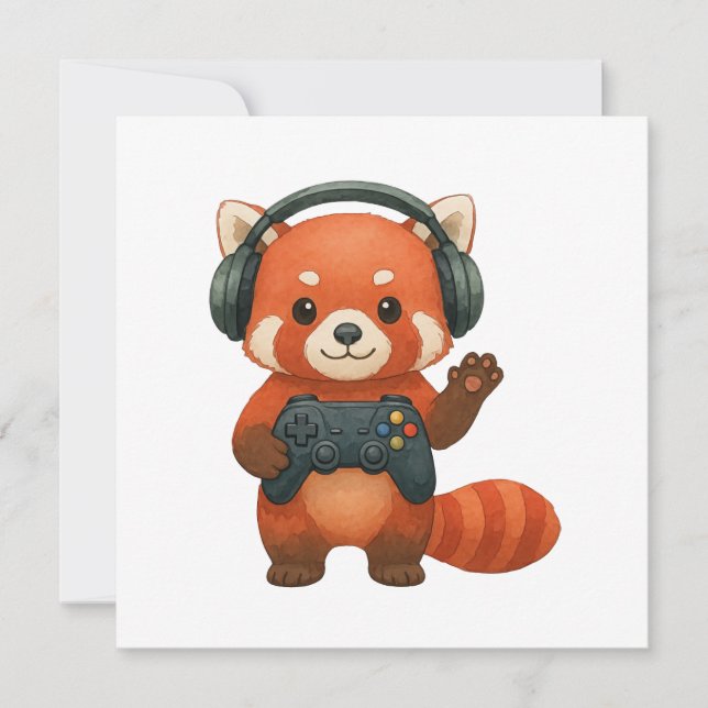 Faire-part Red Panda Gamer, contrôleur de jeu et casques (Devant)