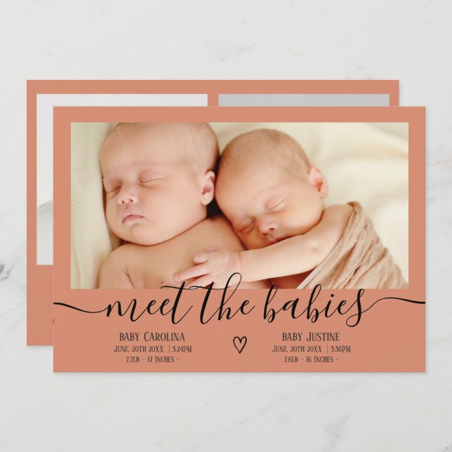 Faire-part Rencontrez bébé script boho 3 photo bébé jumeaux n (Devant / Derrière)