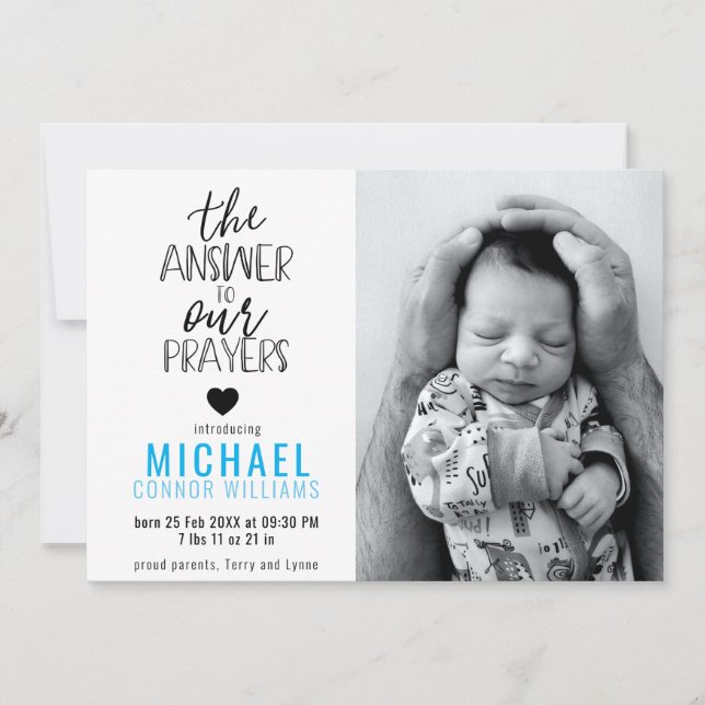 Faire-part Réponse à nos prières Photo Blue Boy Birth (Devant)