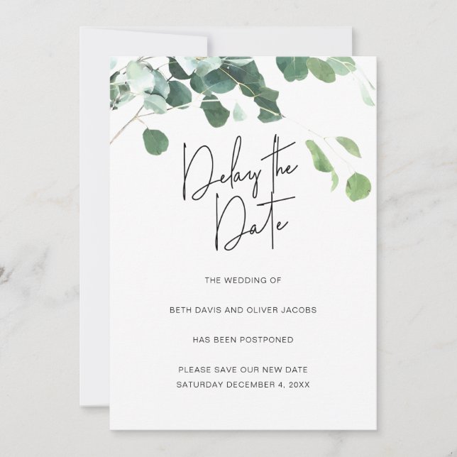 Faire-part Report de date de mariage Eucalyptus (Devant)