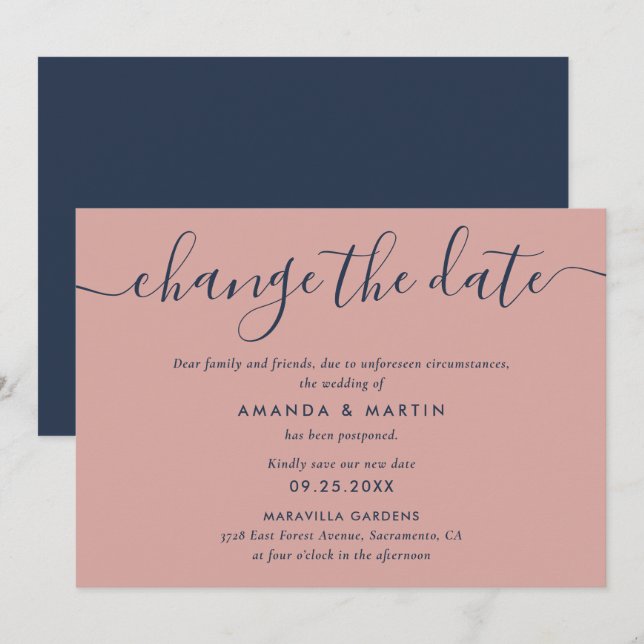 Faire-part Report de mariage bleu marine et rose (Devant / Derrière)