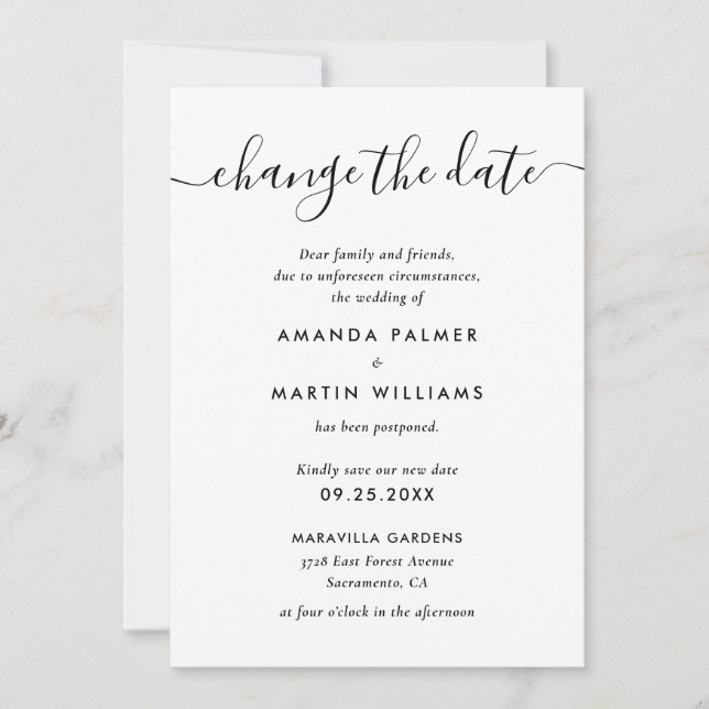 Faire-part Report de mariage moderne noir et blanc (Devant)