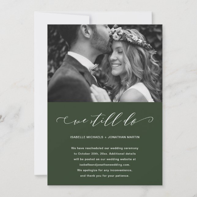 Faire-part Report de mariage vert Nous nous marions toujours  (Devant)