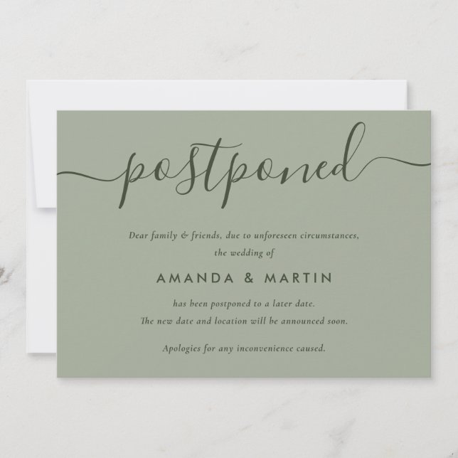Faire-part Report de mariage vert sauge (Devant)