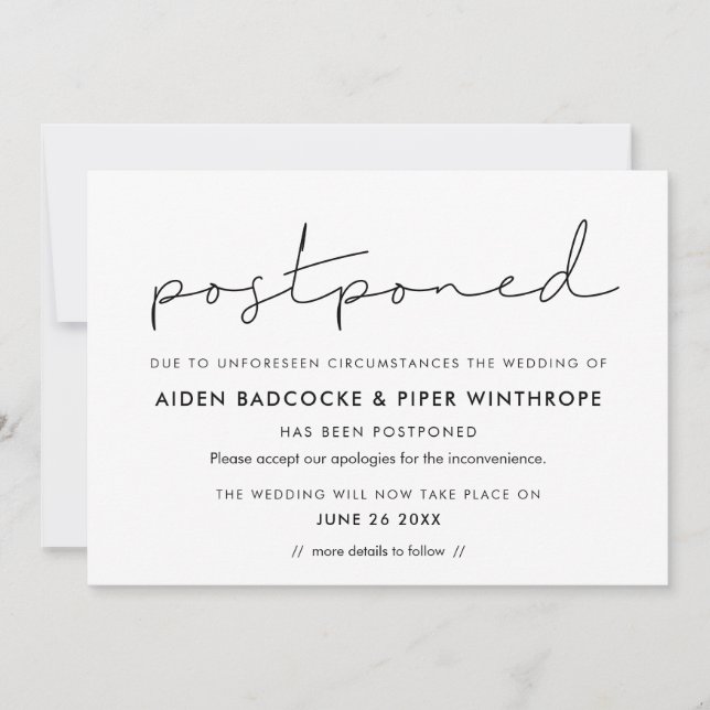 Faire-part reportée minimaliste manuscrite (Devant)