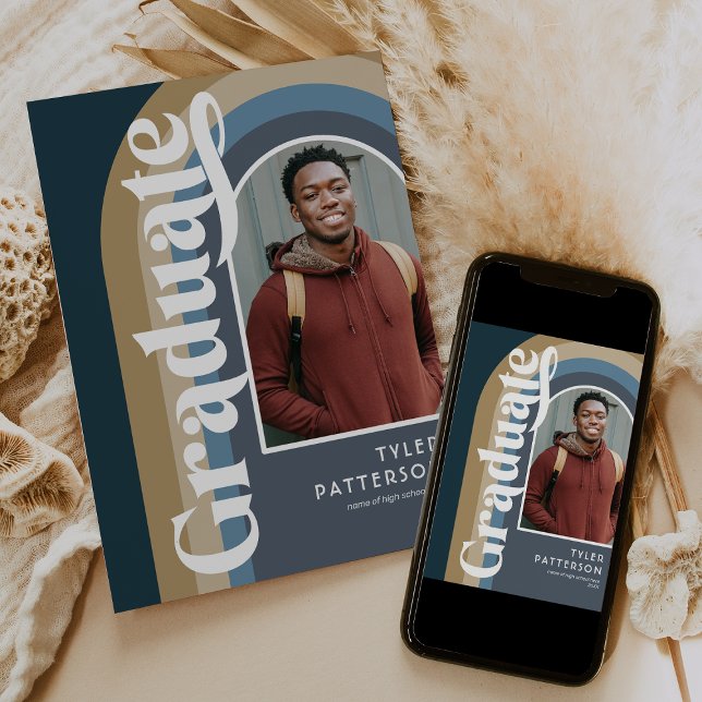Faire-part Retro Arch Blue Photo 2025 Graduation (Créateur téléchargé)