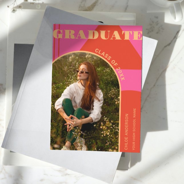 Faire-part Retro Arch rose et orange Photo Grad (Créateur téléchargé)