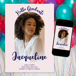 Faire-part Retro Hello Graduate 2025 Violet Script Arch Photo