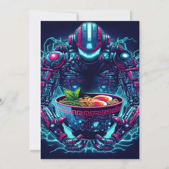 Faire-part Robot Cyberpunk Futuriste Neon Nourriture Ramen (Devant)