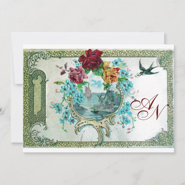 Faire-part ROMANTİCA 3 MONOGRAS blanc, champagne métallique (Devant)