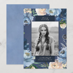 Faire-part Romantique Dusty Blue Floral Graduation Photo