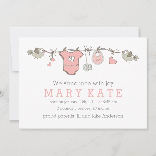 Faire-part rose élégant vêtements pour fille (Devant)