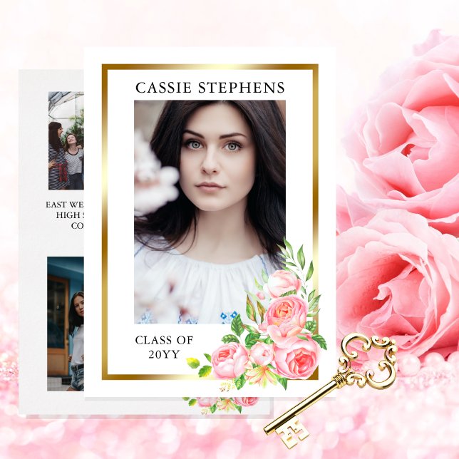Faire-part Rose Floral 4 Photo Collage Gold Frame Graduation (Rose Floral Four Photo Collage Gold Tone Frame Graduation Announcement for Print | Download)