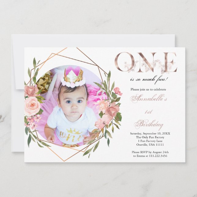 Faire-part Rose Gold Floral Baby Girl 1er anniversaire Invita (Devant)