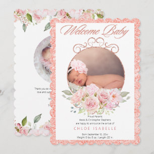 Faire-part Rose Gold Floral Wreath 2 Photo Baby Girl Birth