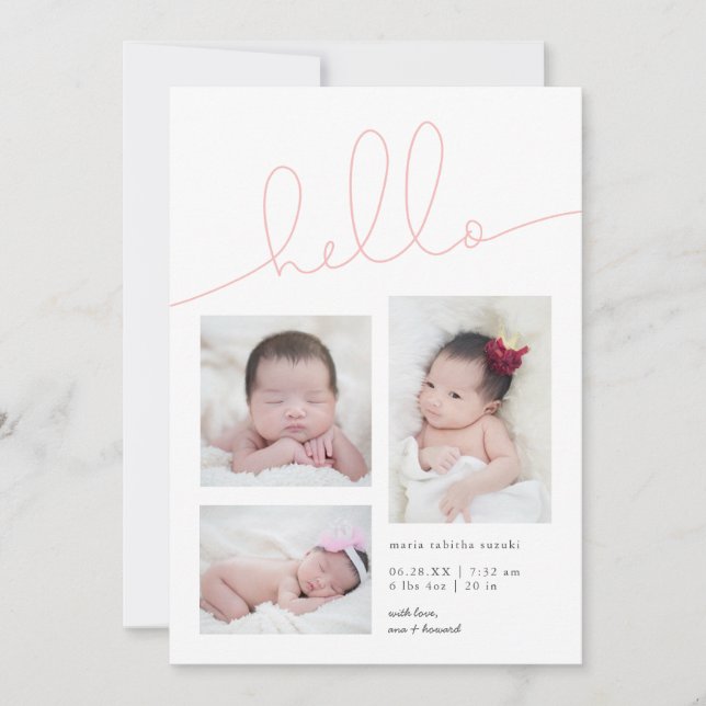 Faire-part Rose Hello Script Multi Photo Girth Birth (Devant)
