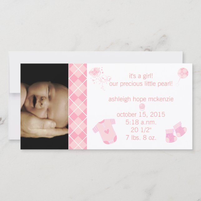 Faire-part Rose pastel argyle - C'est une fille - Notre préci (Devant)