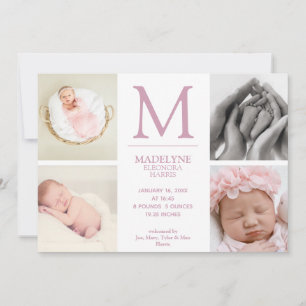 Faire-part Rose Poussiéreux 4 Photos Collage Naissance Fille