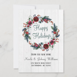 Faire-part Rose rouge de Noël avec Pine Floral Wreath Moving