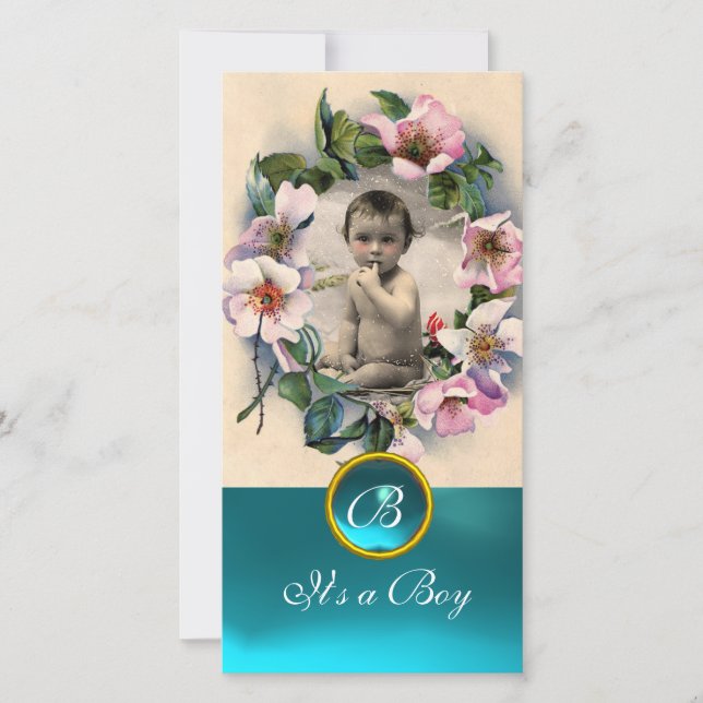 Faire-part Roses SAUVAGES ET AQUA BLEU GEM MONOGRAM (Devant)