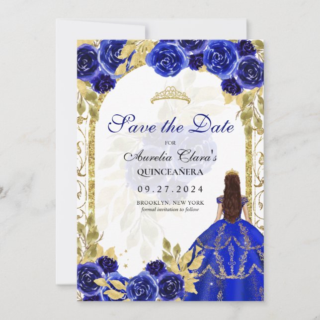 Faire-part Royal Blue Floral Princess Gold Arch Quinceanera (Devant)