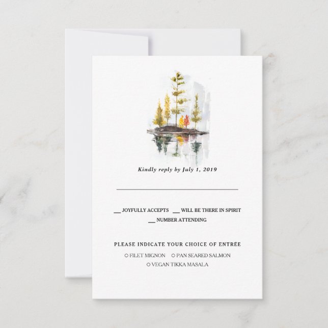 Faire-part RSVP de mariage automnal rustique | Pins aquarelle (Devant)