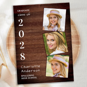 Faire-part Rustic 3 Photo Collage Pays Bois Graduation