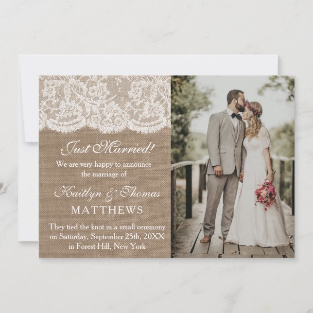 Faire-part Rustic Burlap & White Lace Mariage photo mariage (Devant)