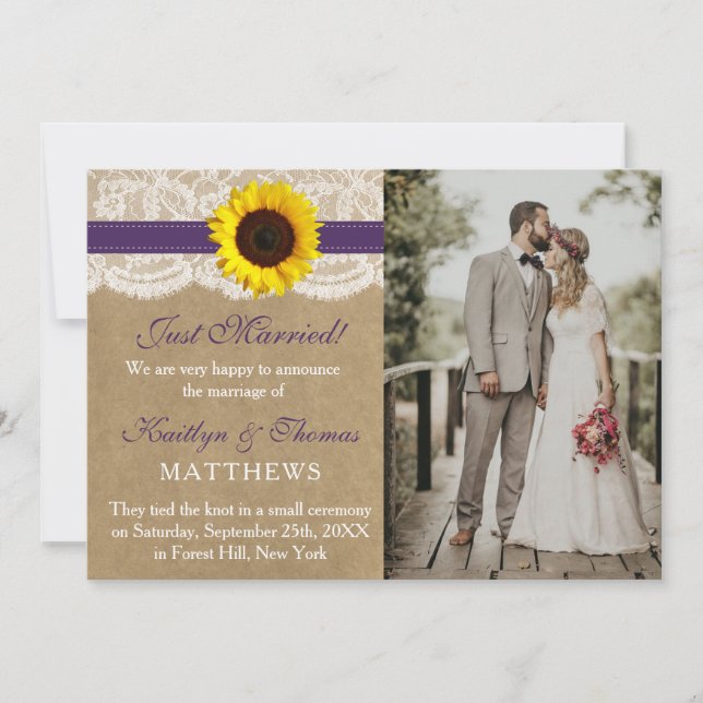 Faire-part Rustic Kraft Tournesol Mariage photo mariage (Devant)