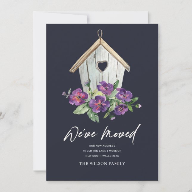 FAIRE-PART RUSTIC NAVY FLORAL BIRD HOUSE MOUVEMENT D'UNE NOUV (Devant)
