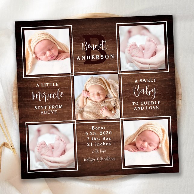 Faire-part Rustic Wood 5 Photo Collage New Baby Stats Naissan (Créateur téléchargé)