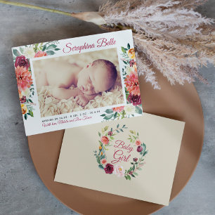 Faire-part Rustique Bourgogne Floral Baby Girl Photo Naissanc
