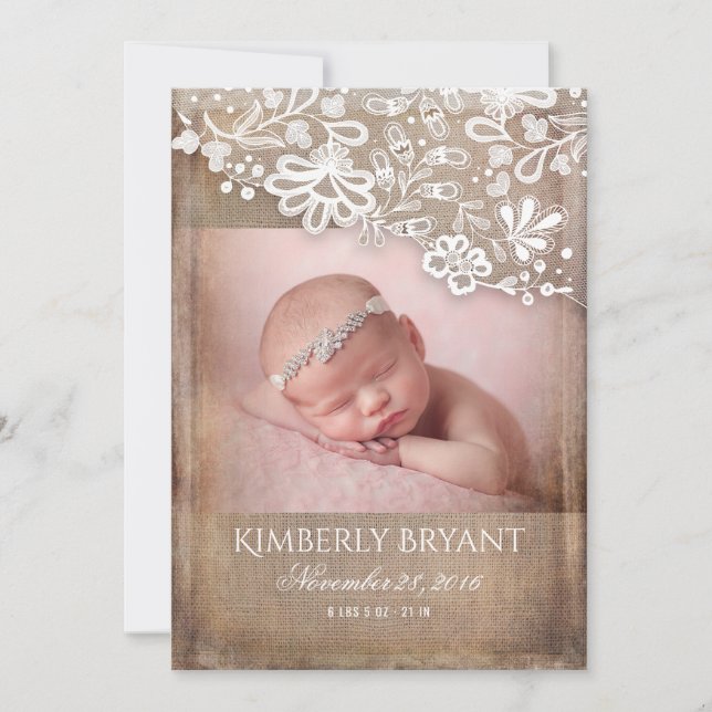 Faire-part Rustique Burlap dentelle lights Photo Bébé naissan (Devant)