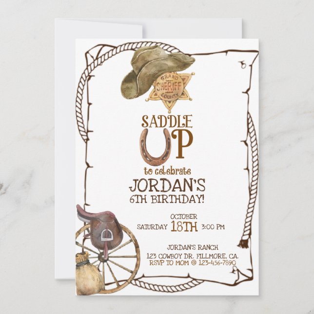 FAIRE-PART SADDLE UP, FÊTE DE COWBOY, ANNIVERSAIRE DE GARÇON, (Devant)